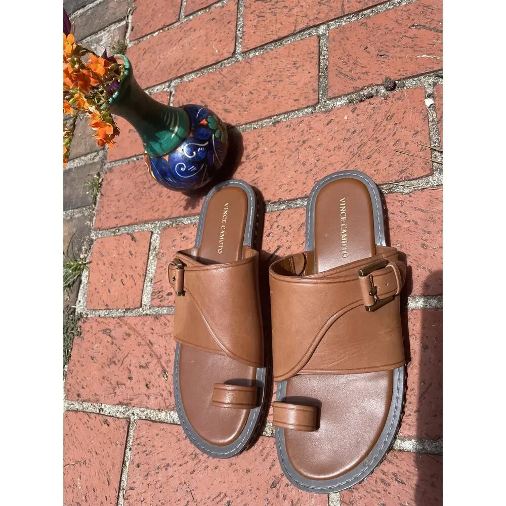 Vince Camuto Cooliann Toe Ring Leather Slide Sandals Tan Cognac Women's 8